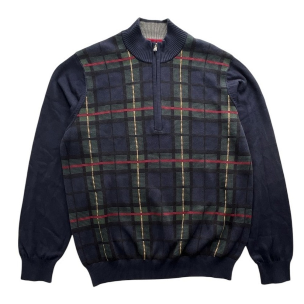 IZOD Sweater Mens Intarsia Knit Half Zip L Midnight Navy Blue Plaid Pullover Y2K